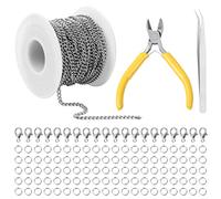 JYUHA 33ft Jewelry Making Chains, 3mm Silvery Craft Link Chain, Stainless Steel, 100 Jump Rings, 20 Lobster Clasps, 1 Pliers for DIY Craft
