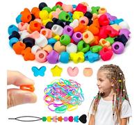 Jyukan 100Pcs Silicone Hair Beads for Kids, Mix Shapes Soft Colorful Rubber Pony Beads for Hair Braiding, Bracelet Making, DIY Jewelry Crafts, Keychains with Rubber Band and Quick Beader