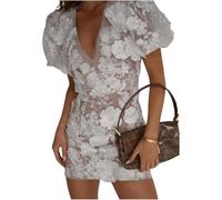 JYVDggKKW 3d Floral Embroidery Dress Clear Mesh V Neck Puff Short Sleeve Prom Dress Bodycon Women's Short Dress S,M,L,X-L,XX-L,3X-L