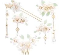JYvivid 5 Pcs Camellia Flower Tassels Hairpins Set, Vintage Pearl Hair Clips, Retro Crystal Headpiece, Chinese Hanfu Wedding Hair Accessories Jewelry for Women, Brides, Bridesmaids