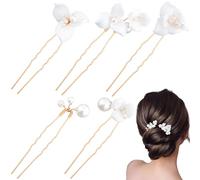 JYvivid 5 Pcs Ceramic Flower Gold Hair Pins, Vintage Pearl Hairpin Hair Sticks, U Shaped Styling Hair Accessories for Women, Bridal, Wedding