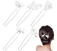 JYvivid 5 Pcs Ceramic Flower Silver Hair Pins, Vintage Pearl Hairpin Hair Sticks, U Shaped Styling Hair Accessories for Women, Bridal, Wedding
