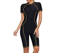 Jywmsc Women Zip Front Color Block Rashguard Short Sleeve One Piece Surfing Swimsuits Boyshort Black Yellow