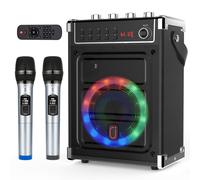 JYX Karaoke Machine with 2 UHF Wireless Microphones, Bass/Treble Bluetooth Speaker with LED Light, Support TWS, AUX In, FM, REC, Supply for Party/Adults/Kids - Black