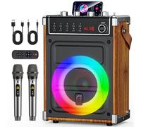 JYX Karaoke Machine with 2 Wireless Microphones, Bluetooth Speaker with Bass/Treble/Echo Adjustment & LED Light, Support USB, SD Card, AUX, TWS, FM, REC, Supply for Party/Adults (Wood)