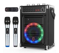 JYX Karaoke Machine with 2 UHF Wireless Microphones, Bass/Treble Bluetooth Speaker with LED Light, Support TWS, AUX In, FM, REC, Supply for Party/Adults/Kids - Black