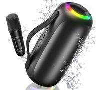 JYX Mini Karaoke Machine for Kids Adults with 2 Wireless Microphones, Portable Bluetooth Speaker with Voice Effects & LED Lights (D38-1 Mic)