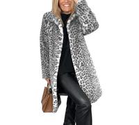 jyyyou Women's Leopard Print Mid-Length Jacket,Women's Open Front Leopard Print Faux Fur Long Trench Coat,Lapel Collar Plush Jacket Coat Warm Winter Outerwear (Gray,L)