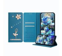 JZ Ballet Rhinestone Wallet Case for Moto E7 Power, Luxury Glitter Ballerina Design with Pearl Flower | PU Leather Magnetic Closure Cover with Card Slots - Blue