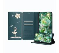 JZ Ballet Rhinestone Wallet Case for Xiaomi Poco C61 4G / RedMi A3/A3X, Luxury Glitter Ballerina Design with Pearl Flower | PU Leather Magnetic Closure Cover with Card Slots - Green