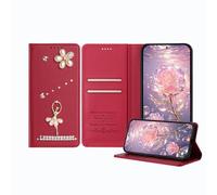 JZ Ballet Rhinestone Wallet Case for Xiaomi Poco M4 / M5 / RedMi 10 / Note 11R/11E, Luxury Glitter Ballerina Design with Pearl Flower | PU Leather Magnetic Closure Cover with Card Slots - Red
