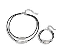JZ Black Wax Cord Multi Layer Choker Necklace & Bracelet Set - Textured Silver Curved Bar Minimalist Jewelry for Women Girl For Daily & Party Wear
