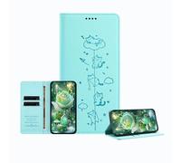JZ Engraved Playful Cat Design Cover for Honor X5C / X5C Plus Case [PU Leather Wallet Case][RFID Blocking][Magnetic Closure][Wireless Charging Compatible] - Baby Green
