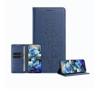 JZ Engraved Playful Cat Design Cover for Honor X7a Case [PU Leather Wallet Case][RFID Blocking][Magnetic Closure][Wireless Charging Compatible] - Dark Blue