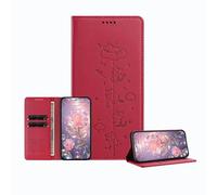 JZ Engraved Playful Cat Design Cover for Honor X8a 5G / X8 5G Case [PU Leather Wallet Case][RFID Blocking][Magnetic Closure][Wireless Charging Compatible] - Red
