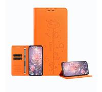 JZ Engraved Playful Cat Design Cover for TCL 50 NxtPaper / 50 Pro NxtPaer / 60 XE NxtPaper Case [PU Leather Wallet Case][RFID Blocking][Magnetic Closure][Wireless Charging Compatible] - Orange