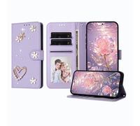 JZ Luxury Bling Wallet Case for Nokia C32, PU Leather Flip Cover with Rhinestone Pearl Design Magnetic Stand Case for Women Girls - Violet