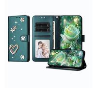 JZ Luxury Bling Wallet Case for Nokia C32, PU Leather Flip Cover with Rhinestone Pearl Design Magnetic Stand Case for Women Girls - Green