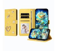 JZ Luxury Bling Wallet Case for TCL 60 / 60R, PU Leather Flip Cover with Rhinestone Pearl Design Magnetic Stand Case for Women Girls - Yellow