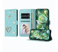 JZ Luxury Bling Wallet Case for Xiaomi Poco C61 4G / RedMi A3/A3X, PU Leather Flip Cover with Rhinestone Pearl Design Magnetic Stand Case for Women Girls - Baby Green