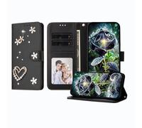 JZ Luxury Bling Wallet Case for Xiaomi Poco C61 4G / RedMi A3/A3X, PU Leather Flip Cover with Rhinestone Pearl Design Magnetic Stand Case for Women Girls - Black