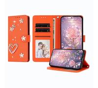 JZ Luxury Bling Wallet Case for Xiaomi Poco C61 4G / RedMi A3/A3X, PU Leather Flip Cover with Rhinestone Pearl Design Magnetic Stand Case for Women Girls - Orange
