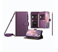JZ Multi-Function Leather Wallet Case for OnePlus 12R 5G with 9 Card Slots, Zipper Purse, Wrist & Shoulder Strap, Clear Window, Wireless Charging Compatible - Violet