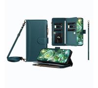 JZ Multi-Function Leather Wallet Case for TCL 605/60 SE with 9 Card Slots, Zipper Purse, Wrist & Shoulder Strap, Clear Window, Wireless Charging Compatible - Dark Green