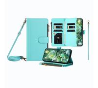 JZ Multi-Function Leather Wallet Case for Xiaomi Poco M6 / M6 Plus/Redmi 13/13X with 9 Card Slots, Zipper Purse, Wrist & Shoulder Strap, Clear Window, Wireless Charging Compatible - Mint Green