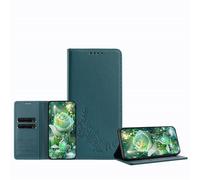 JZ Peony Embossed Wallet Case for TCL 405/406 / 408, Leather Wallet Flip Cover丨RFID Blocking丨Kickstand丨Card Slots丨Protective Folio Shell for Women Girl - Dark Green