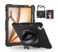JZCZMCE Case for iPad Air 11'' M4/M3/M2 (2026/2025/2024), [360 Rotating Hand Strap], Heavy Duty Rugged TPU Protective Cover with Handle Hand & Shoulder Strap & Pencil Holder,Black