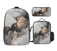 JZemdybill 3 In 1 Backpack Combination Set,Black Gold Marble Boston Terrier Boston Terrier Dog Blue Burning Flame Bubbles And Beer Brown Bear Canoe Paddle Cake And Teapot Floral Cartoon Bananas Camo