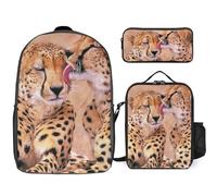 JZemdybill 3 In 1 Backpack Combination Set,Brown Bear Canoe Paddle Cheetah Couple Colorful Bones And Paw,17 Inch Backpack + Lunch Bag + Pencil Case