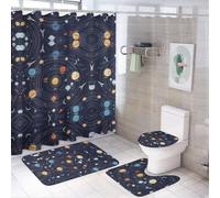 JZemdybill Bathroom Mat Set 4 Piece, Space Rocket Planet Solar System Shower Curtain with Non-Slip Bath Mats for Bathroom