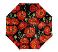 JZemdybill Umbrella, Red Poppy Flowers Auto Umbrella, Auto Open 3 Fold Umbrella for Women Men