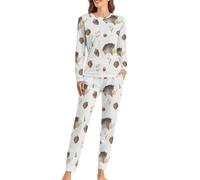 JZemdybill Woman's Crew Neck Pyjamas Set, Hedgehog Pyjamas for Women, Women's Pajamas with Pockets