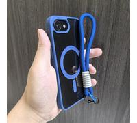 JZFDCLF Luxury Clear Phone Case For iPhone 16 15 14 13 12 11 Pro Max With Lanyard Shockproof Armour Wrist Strap Back Cover,Dark Blue,For iPhone 14