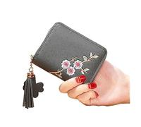JZFOACHR Plum Embroidered Women Short Zipper Wallet Fashion Ladies Small Clutch Casual Card Holder Solid Color PU Leather Female Purse,Luggage (A)