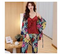 JZFOACHR Silk Pajamas for Women Long Sleeve Dress Pants 3 Pieces Satin Pajamas Suit Night Clothes (Colour: A, Size: Code XL) (One Code XL) (One Code XL)