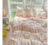 JZFOACHR Simple Stripe Cotton Duvet Cover Set, Pink Stripes Bedding Set, Peach Pink White Striped Design,100% Washed Cotton Queen Checkered Gingham Duvet Cover,Pink,Queen