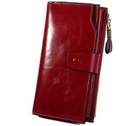 JZFOACHR Women's Genuine Leather Wallet RFID Blocking Multi Card Holder with Cell Phone Pocket Mothers Day Gifts, 2- Waxed Red, Genuine Leather