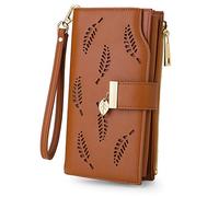 JZFOACHR Women's Leather Zipper Wallet RFID Blocking Multi Card Holder with Cellphone Pocket Large Capacity, Leaf Pendant Black, One Size