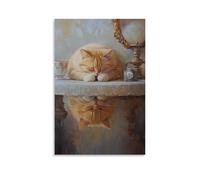 JZHJNHRR Animal Oil Painting of A Cat Lounging Across A Vanity Counter, Surveying Its Reflection with Sleepy Approval. Artistic Wall Mural Modern Hanging Decor Poster20x30inch(50x75cm)