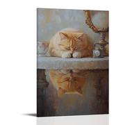 JZHJNHRR Animal Oil Painting of A Cat Lounging Across A Vanity Counter, Surveying Its Reflection with Sleepy Approval. Artistic Wall Mural Modern Hanging Decor Poster20x30inch(50x75cm)