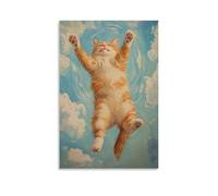 JZHJNHRR Animal Oil Painting of A Cat Mid-air during A Sky Dive, Paws Spread, Clouds Spiraling Beneath. Artistic Wall Mural Modern Hanging Decor Poster16x24inch(40x60cm)