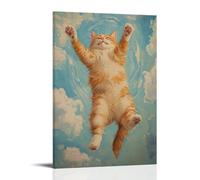 JZHJNHRR Animal Oil Painting of A Cat Mid-air during A Sky Dive, Paws Spread, Clouds Spiraling Beneath. Artistic Wall Mural Modern Hanging Decor Poster24x36inch(60x90cm)