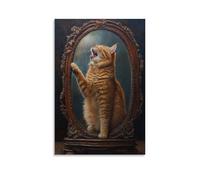 JZHJNHRR Animal Oil Painting of A Cat Singing Opera Into A Misty Mirror While Brushing Tail Dramatically. Artistic Wall Mural Modern Hanging Decor Poster24x36inch(60x90cm)