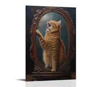 JZHJNHRR Animal Oil Painting of A Cat Singing Opera Into A Misty Mirror While Brushing Tail Dramatically. Artistic Wall Mural Modern Hanging Decor Poster16x24inch(40x60cm)