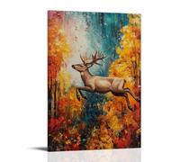 JZHJNHRR Animal Oil Painting of A Deer Mid-dive from A Helicopter Above Colorful Autumn Forests. Artistic Wall Mural Modern Hanging Decor Poster12x18inch(30x45cm)