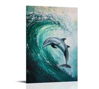 JZHJNHRR Animal Oil Painting of A Dolphin Doing A Barrel Roll Inside A Glassy Green Wave on Aqua Minimalist Background. Artistic Wall Mural Modern Hanging Decor Poster08x12inch(20x30cm)